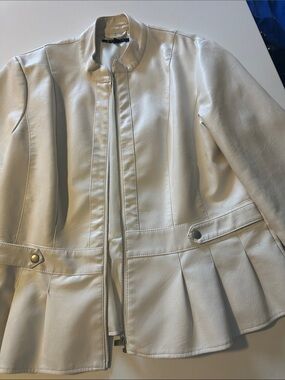 Baccini Cream Peplum Zip Leather Jacket